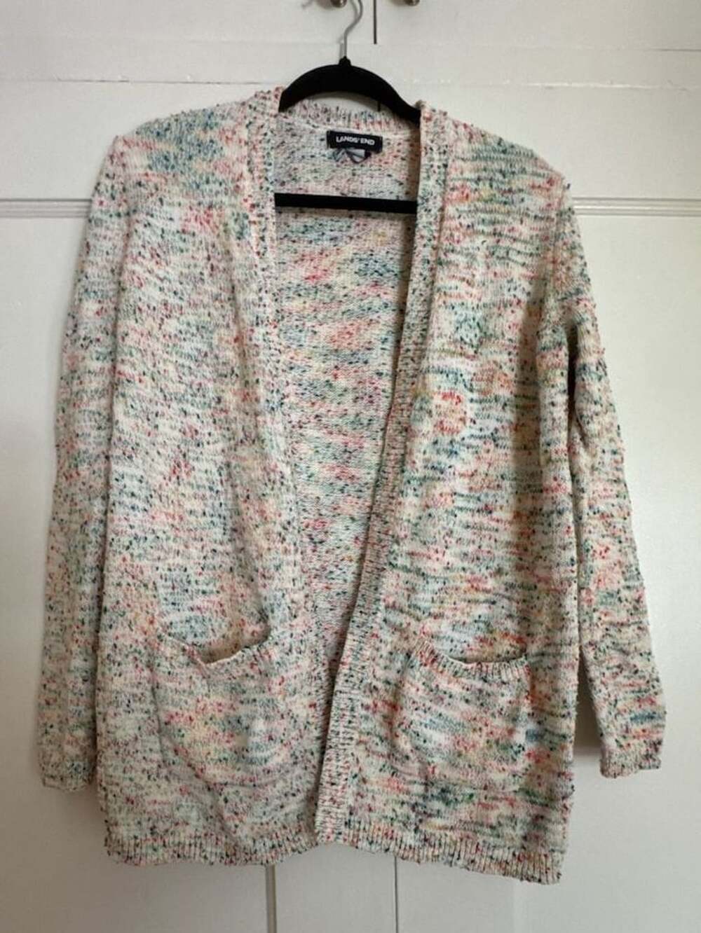 Lands' End Open Front Confetti Knit Cardigan Size S 6-8 Multicolor Sweater Loung